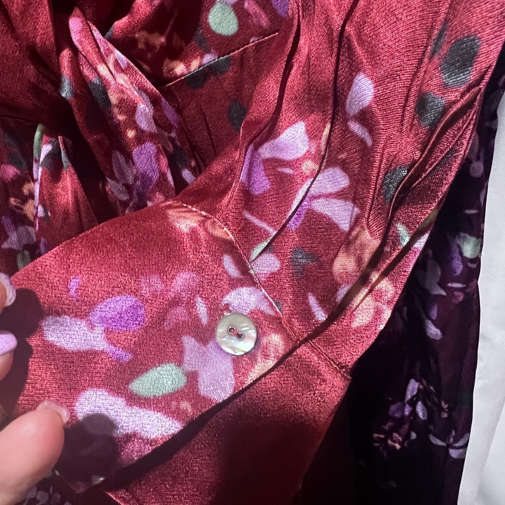 Vince Silk Floral Tie Waist Shirt Dress Burgundy Long Sleeve NWT 1X - Picture 8 of 10